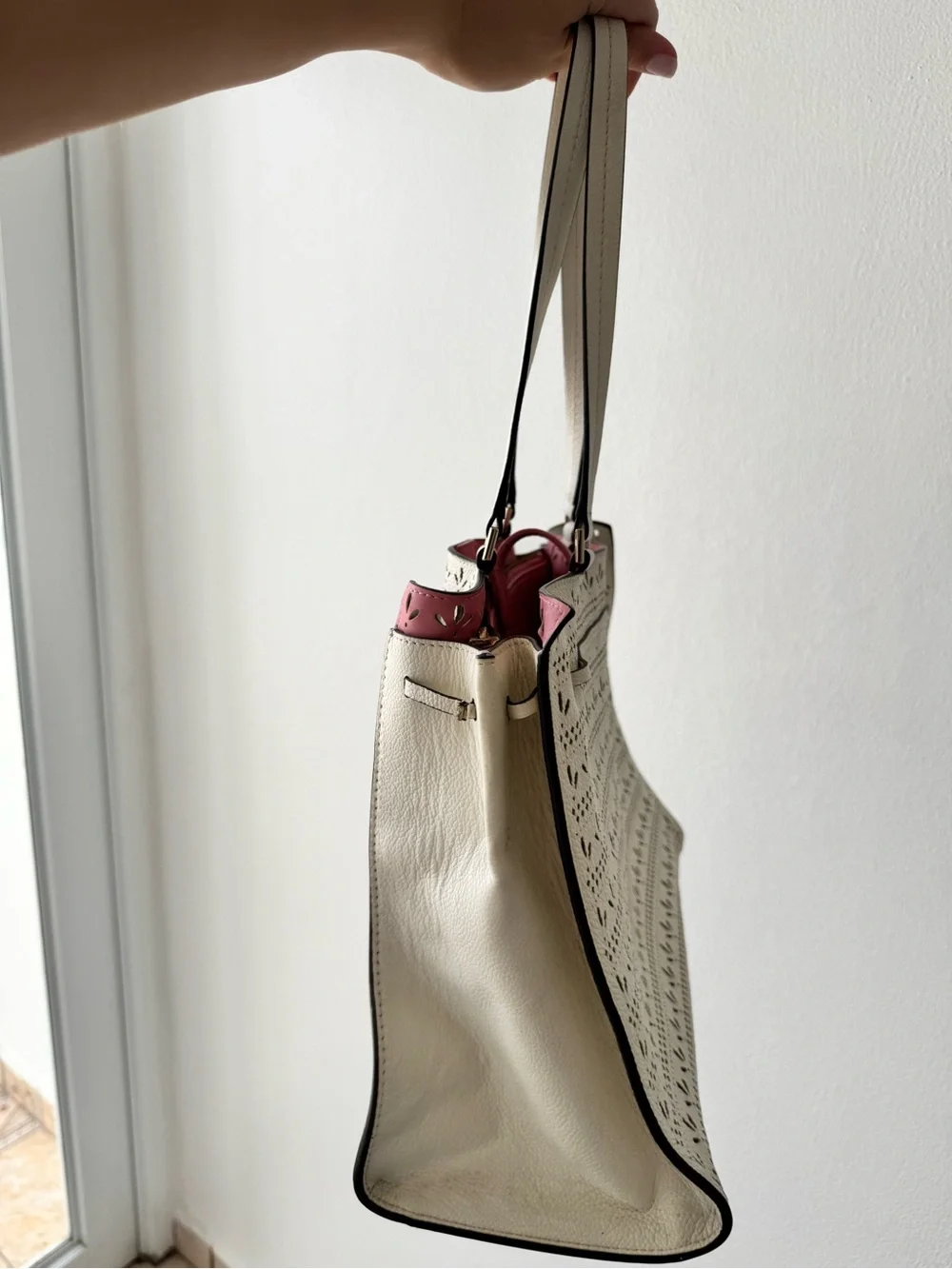 kate spade Cream Tote with Pink Interior and Tassel Detail